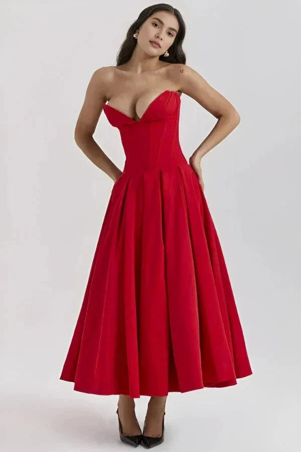 Women's Deep V-Neck Corset Bodice Full A-Line Midi Dress Cocktail Party Formal