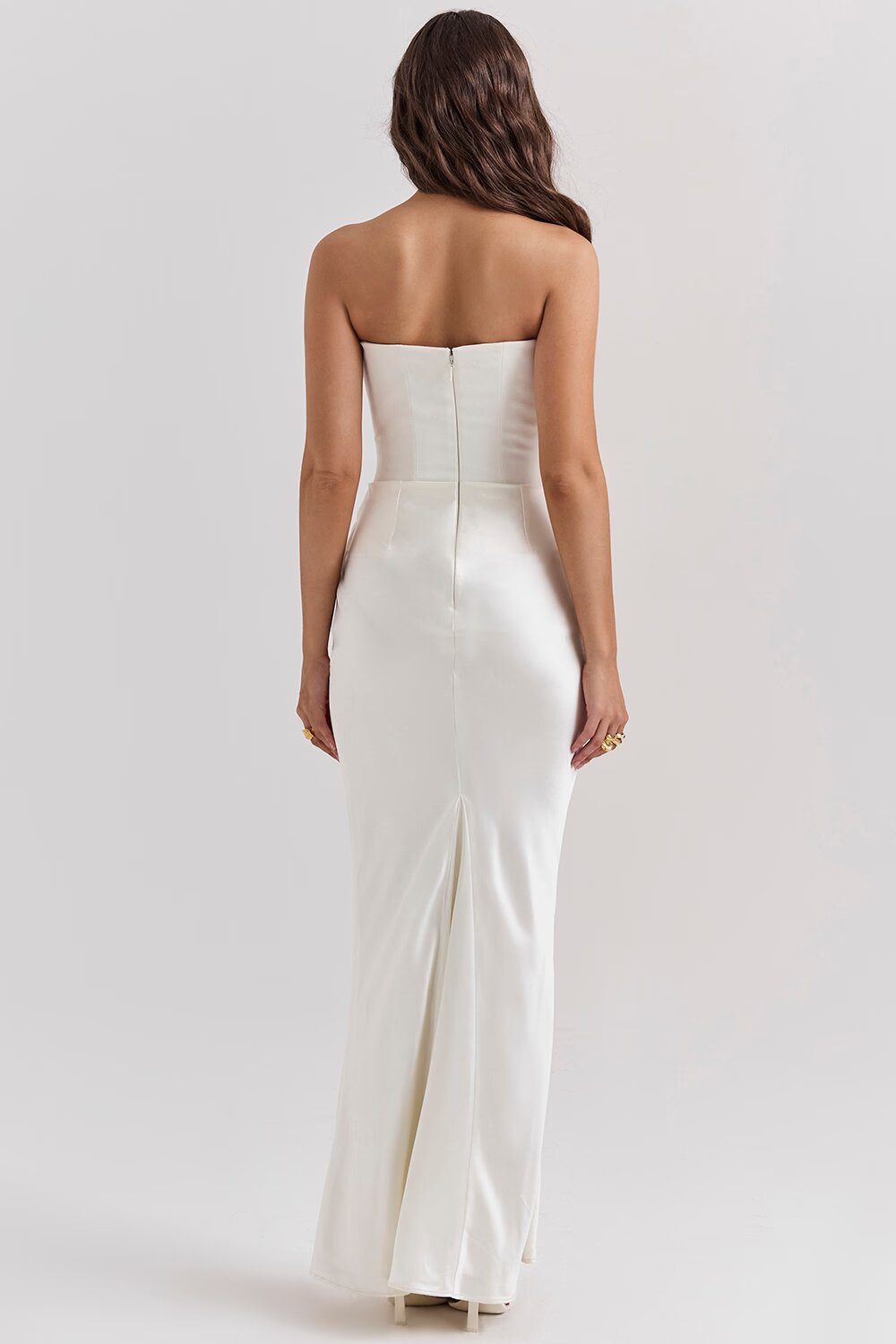 Women's Brown Strapless Ruched Fitted Maxi Evening Dress Wedding Guest