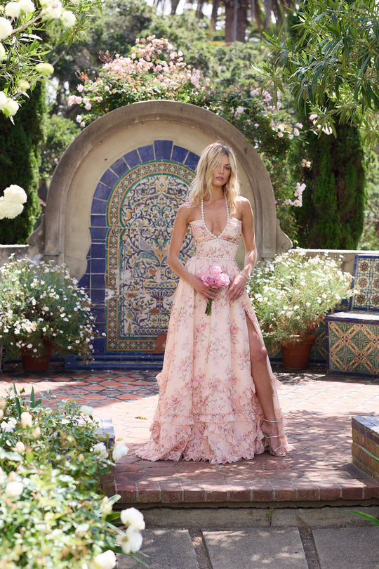 Women's pink floral corset maxi dress - alternate side view