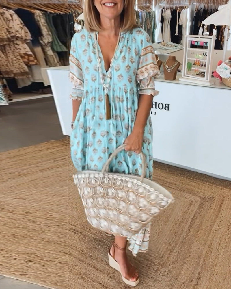 Women's Printed V-Neck Flutter Sleeve Tassel Waist Flowy Maxi Dress Boho Resort