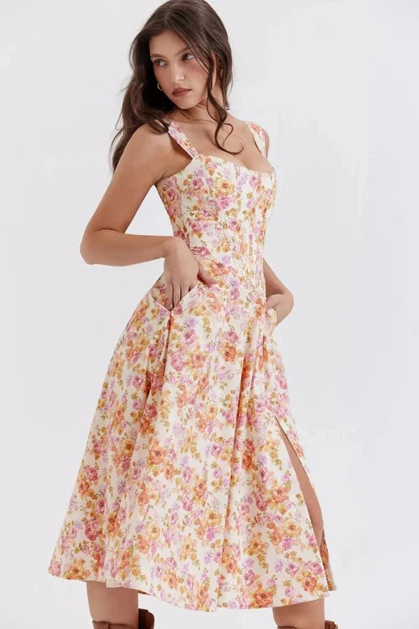 Women's Off Shoulder Sweetheart A-Line Midi Dress with Slit Wedding Guest