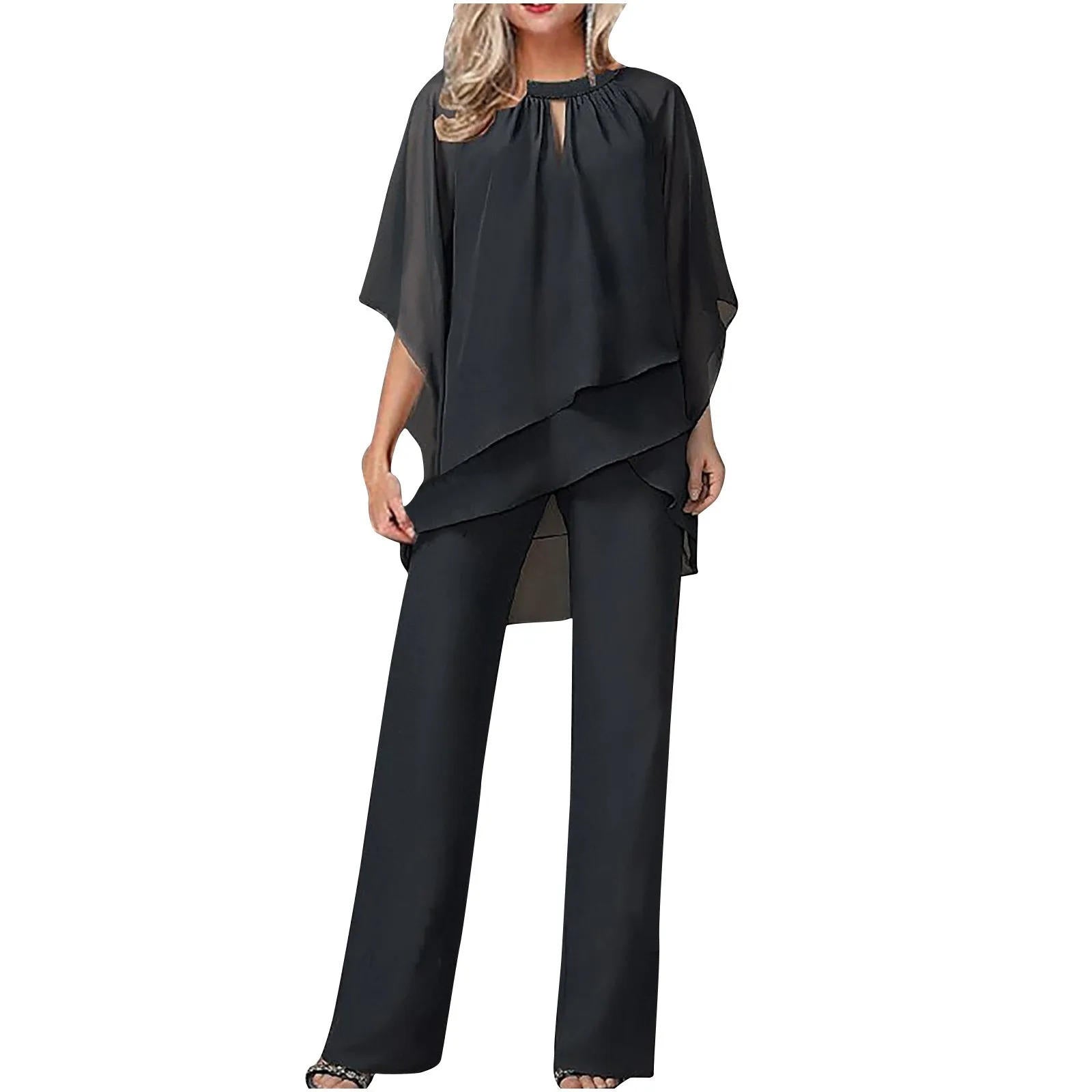 Women's Blue Chiffon Pantsuit | Elegant Formal Festive Two-Piece Suit