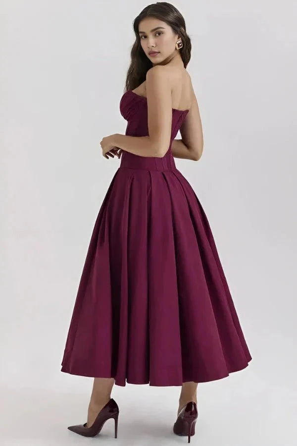 Women's Deep V-Neck Corset Bodice Full A-Line Midi Dress Cocktail Party Formal