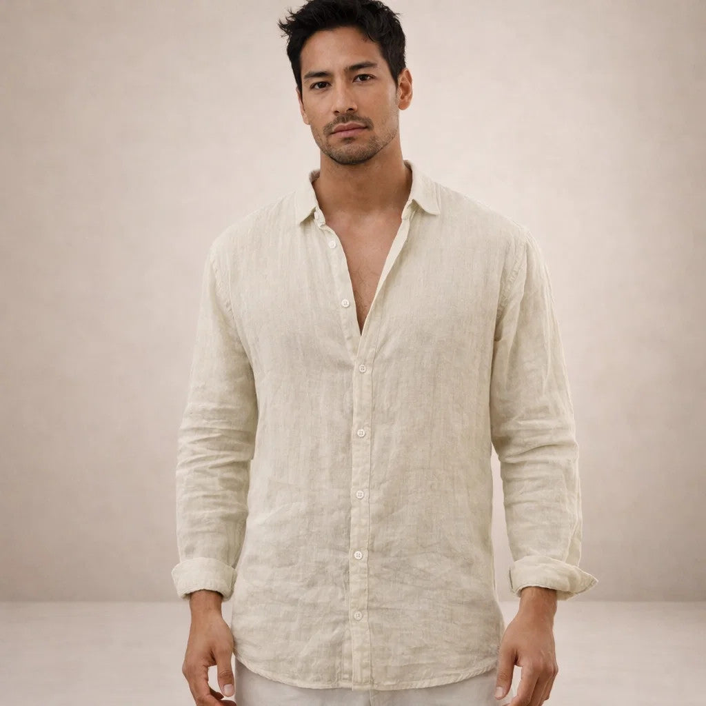 mens regular fit long sleeve linen shirt | open collar breathable top - worn view