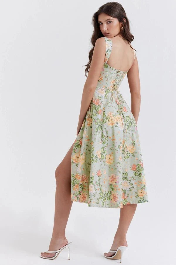 Women's Off Shoulder Sweetheart A-Line Midi Dress with Slit Wedding Guest