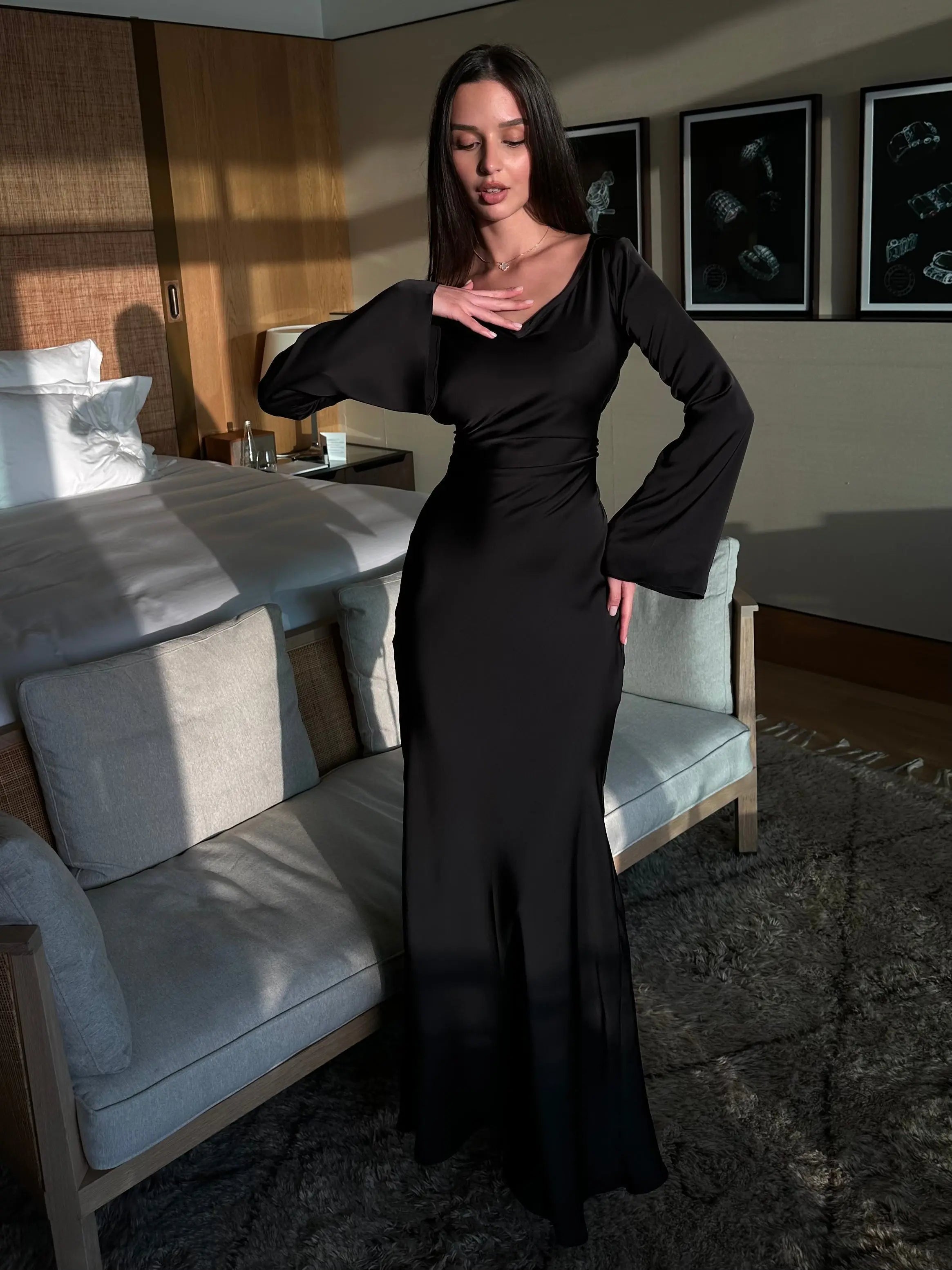 Women's Ivory Long Sleeve Maxi Dress | Casual Elegant Floor Length Everyday Dress