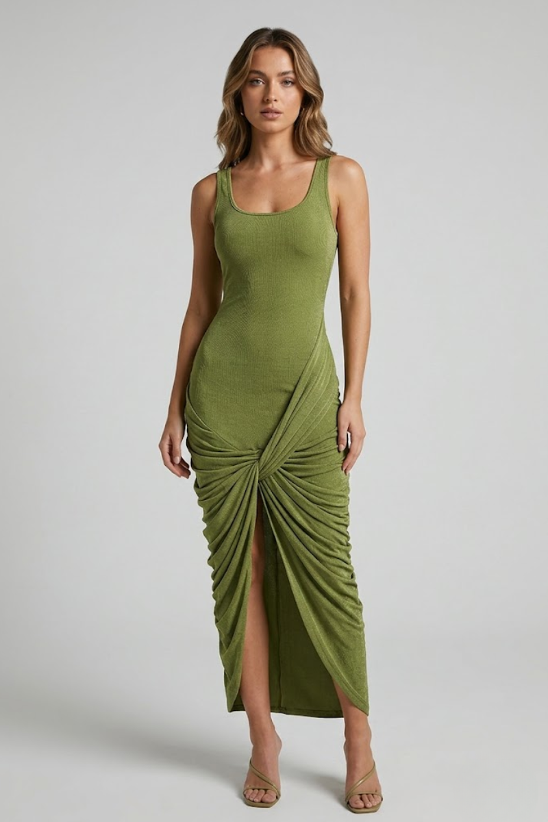 Women's olive ruched twist midi dress - front view