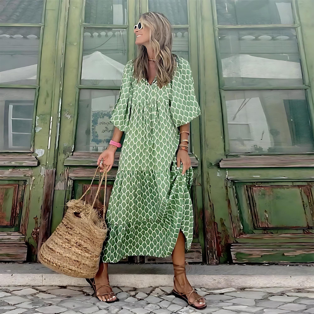 Women's Floral Print V-Neck Bishop Sleeve Flowy Maxi Dress Boho Summer