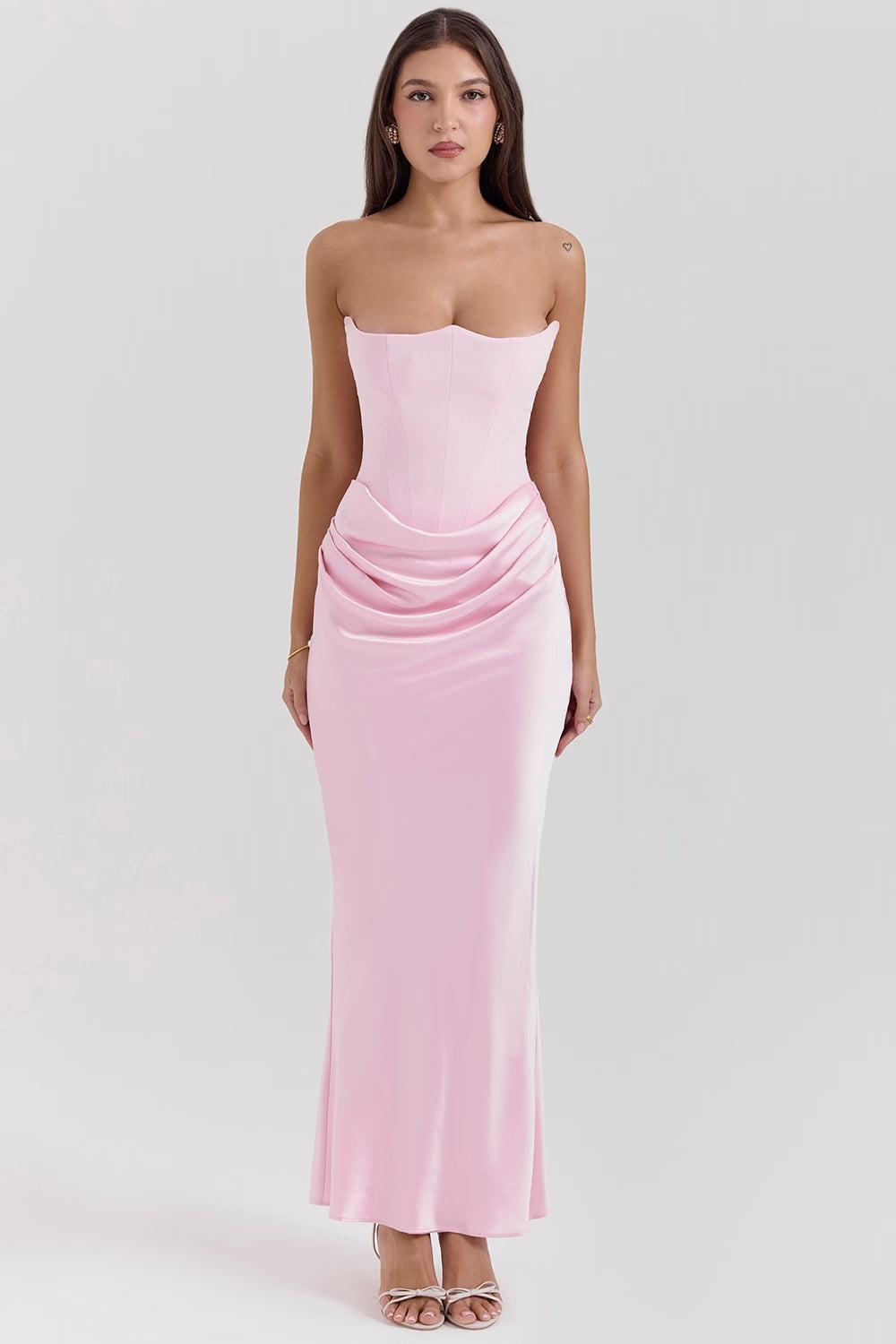 Women's Brown Strapless Ruched Fitted Maxi Evening Dress Wedding Guest