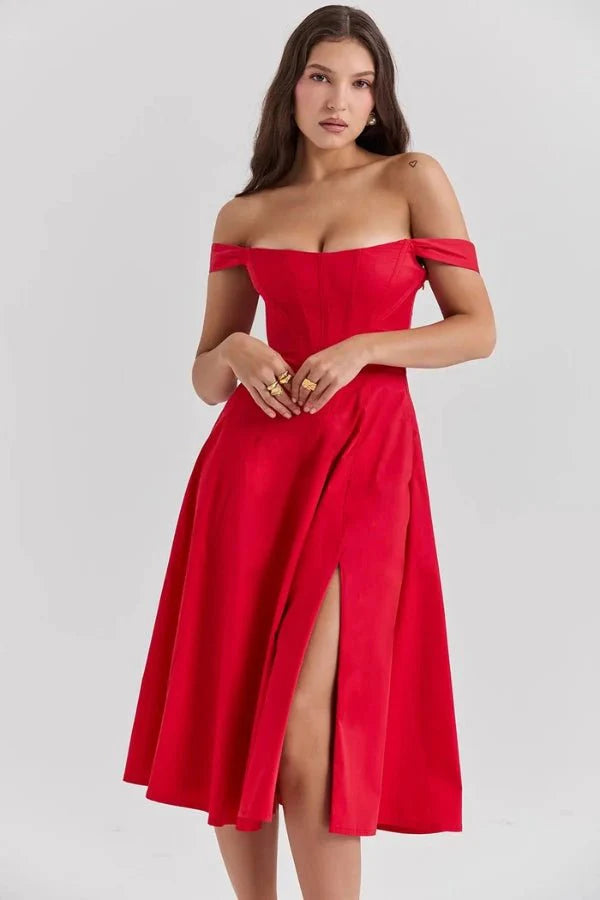 Women's Off Shoulder Sweetheart A-Line Midi Dress with Slit Wedding Guest