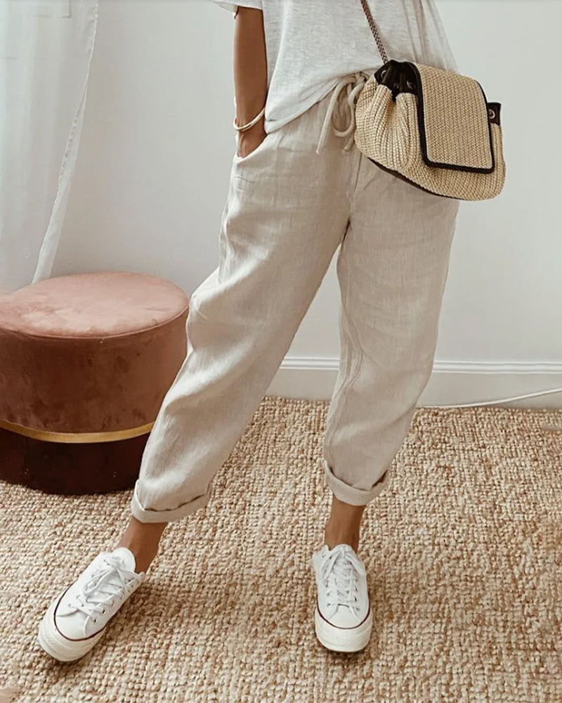 womens casual elastic waistband trousers | comfortable everyday pants - front view
