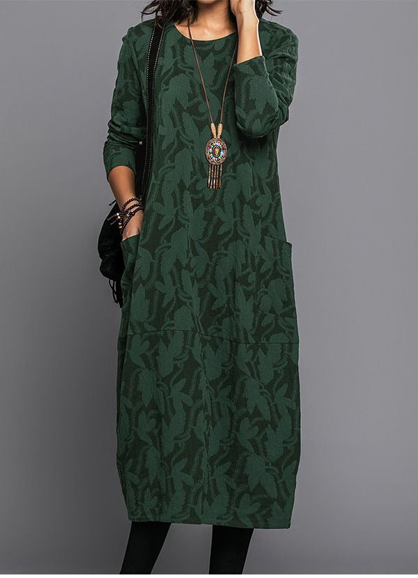 Women's Green Long Sleeve Midi Dress with Pockets | Casual Everyday Dress