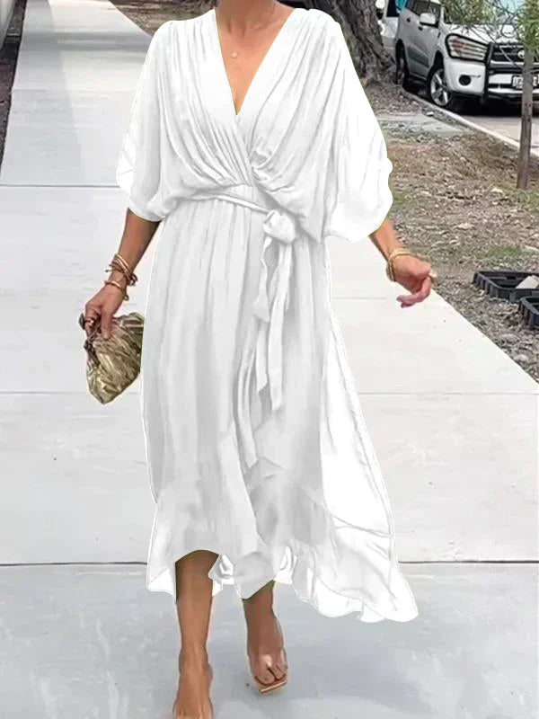 Women's Deep V-Neck Batwing Sleeve Belted Flowy Chiffon Midi Dress