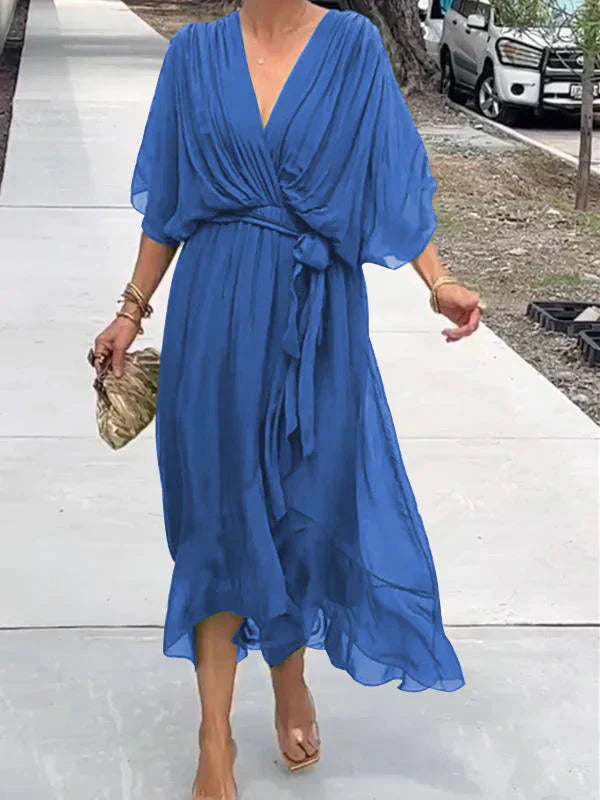 Women's Deep V-Neck Batwing Sleeve Belted Flowy Chiffon Midi Dress