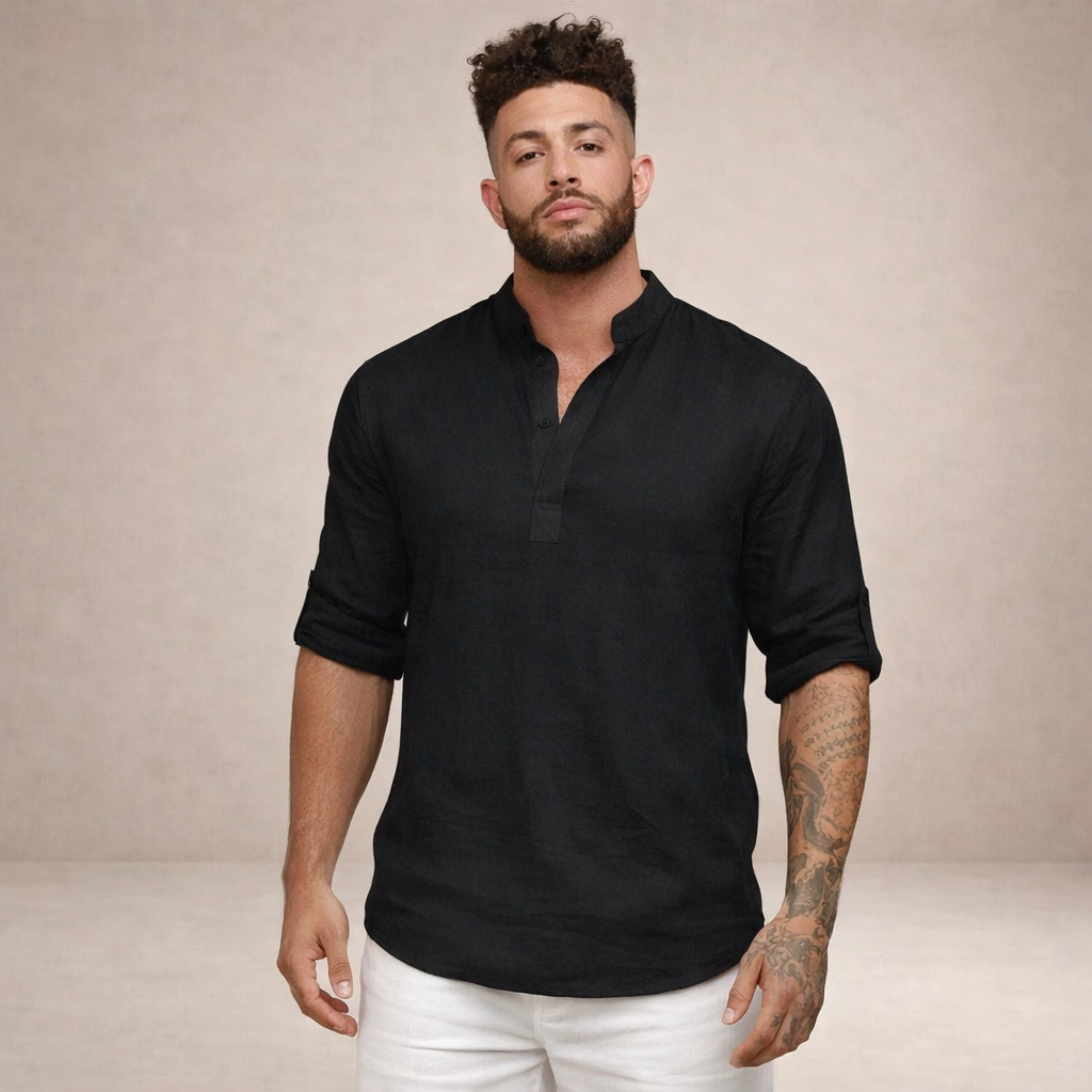 mens regular fit linen shirt | stand collar breathable long sleeve top - flat lay view
