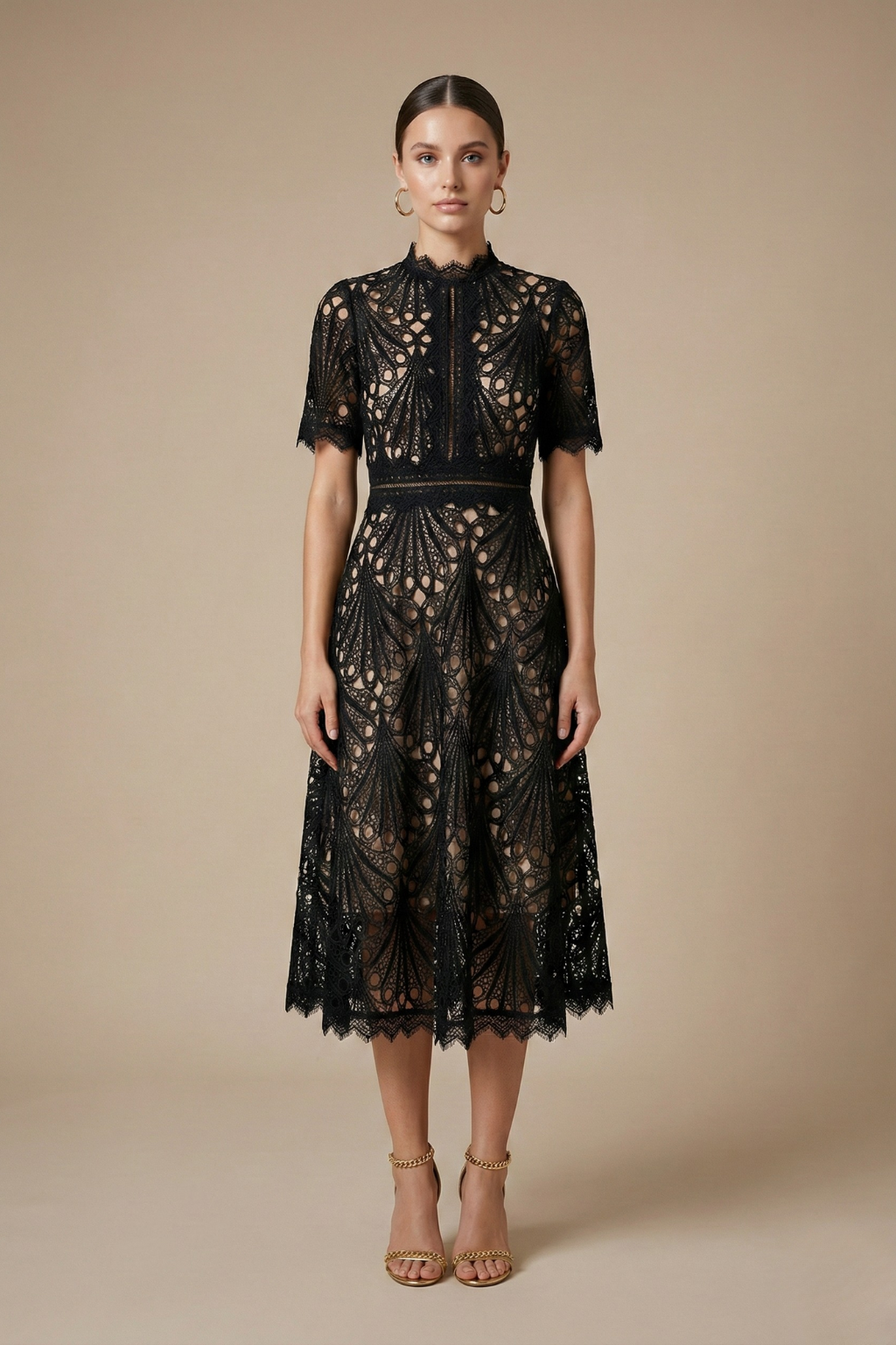 Women's Pink Lace Midi Dress | High Neck Cutwork Detail Elegant Formal Dress