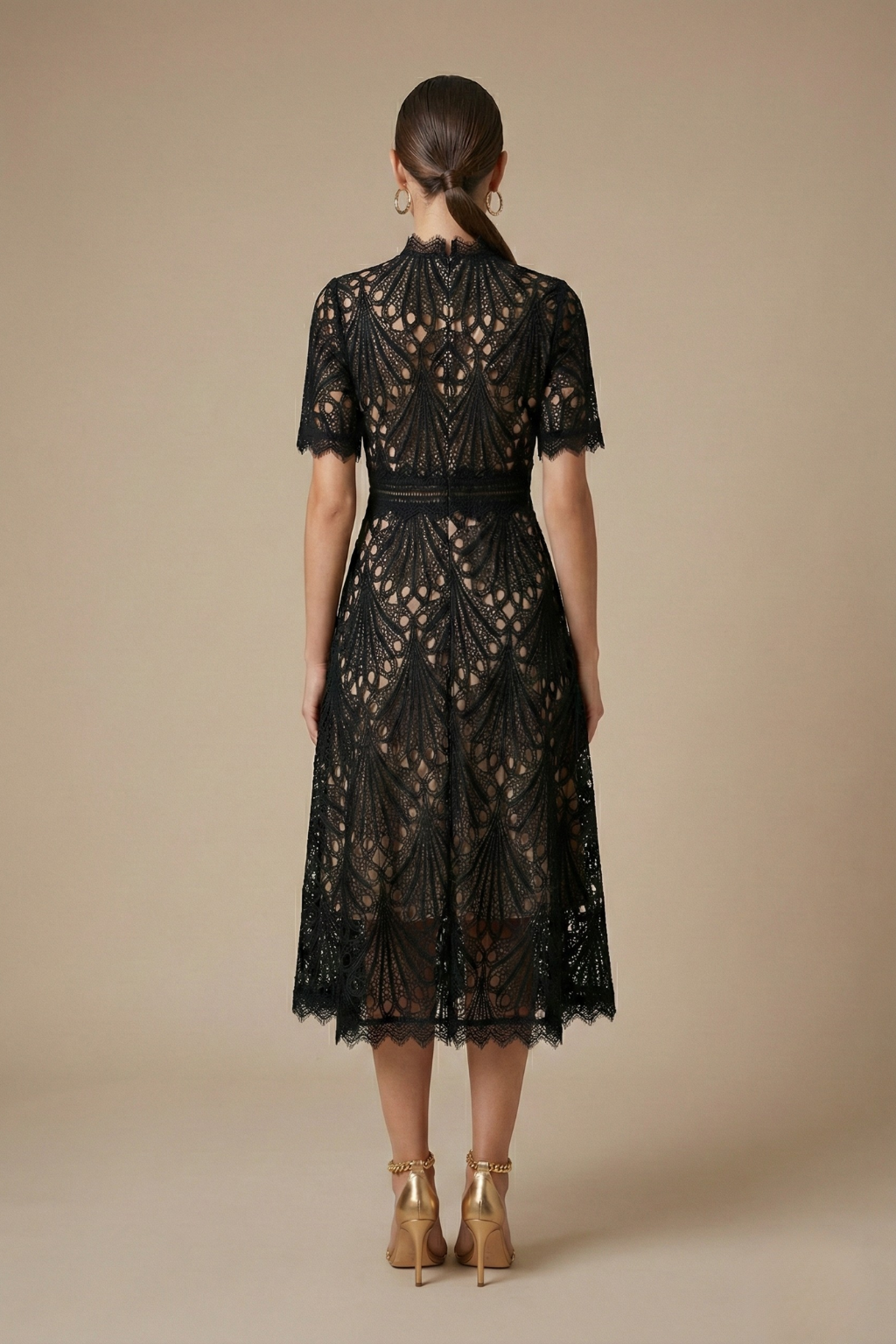 Women's Pink Lace Midi Dress | High Neck Cutwork Detail Elegant Formal Dress