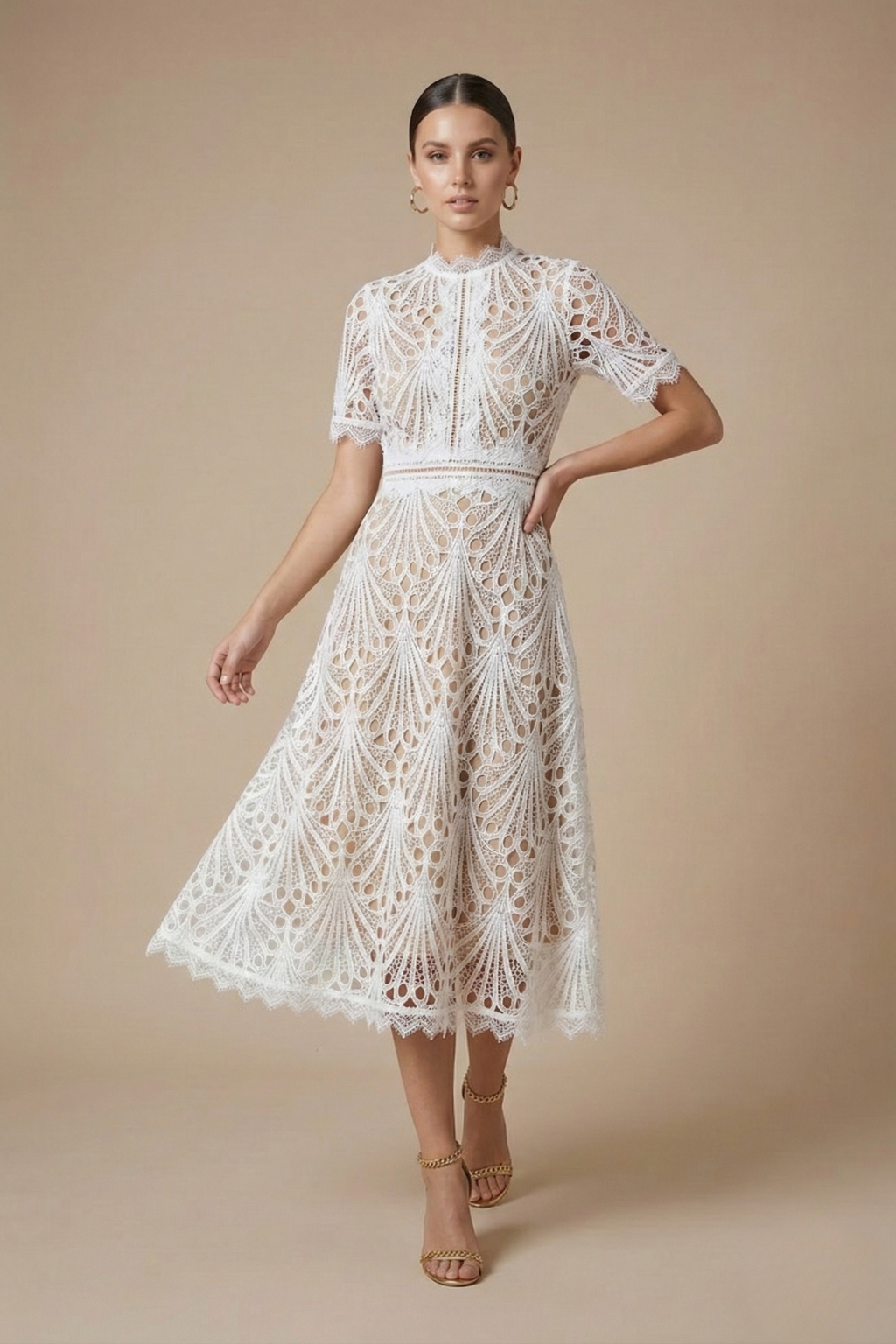 Women's Pink Lace Midi Dress | High Neck Cutwork Detail Elegant Formal Dress