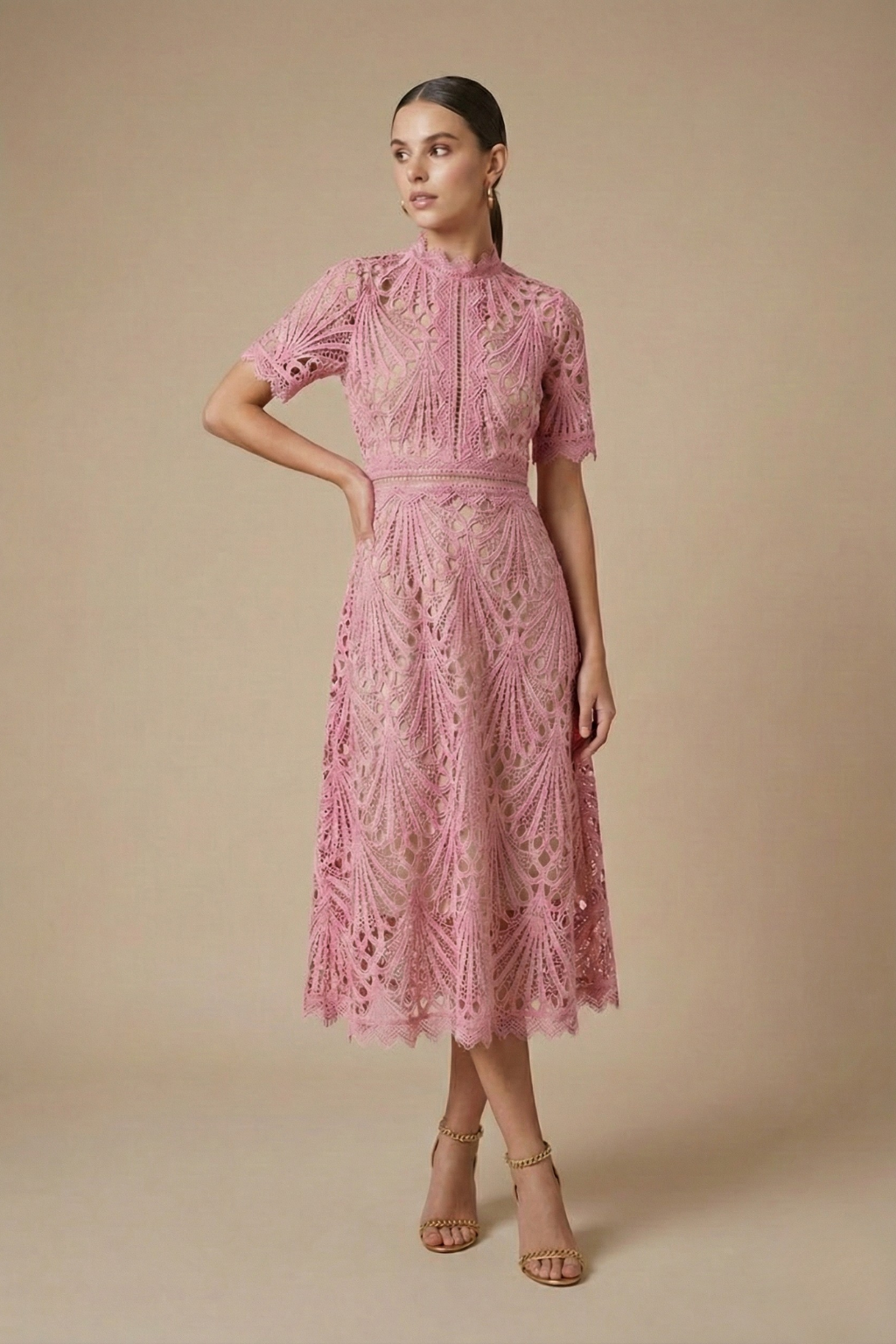 Women's Pink Lace Midi Dress | High Neck Cutwork Detail Elegant Formal Dress