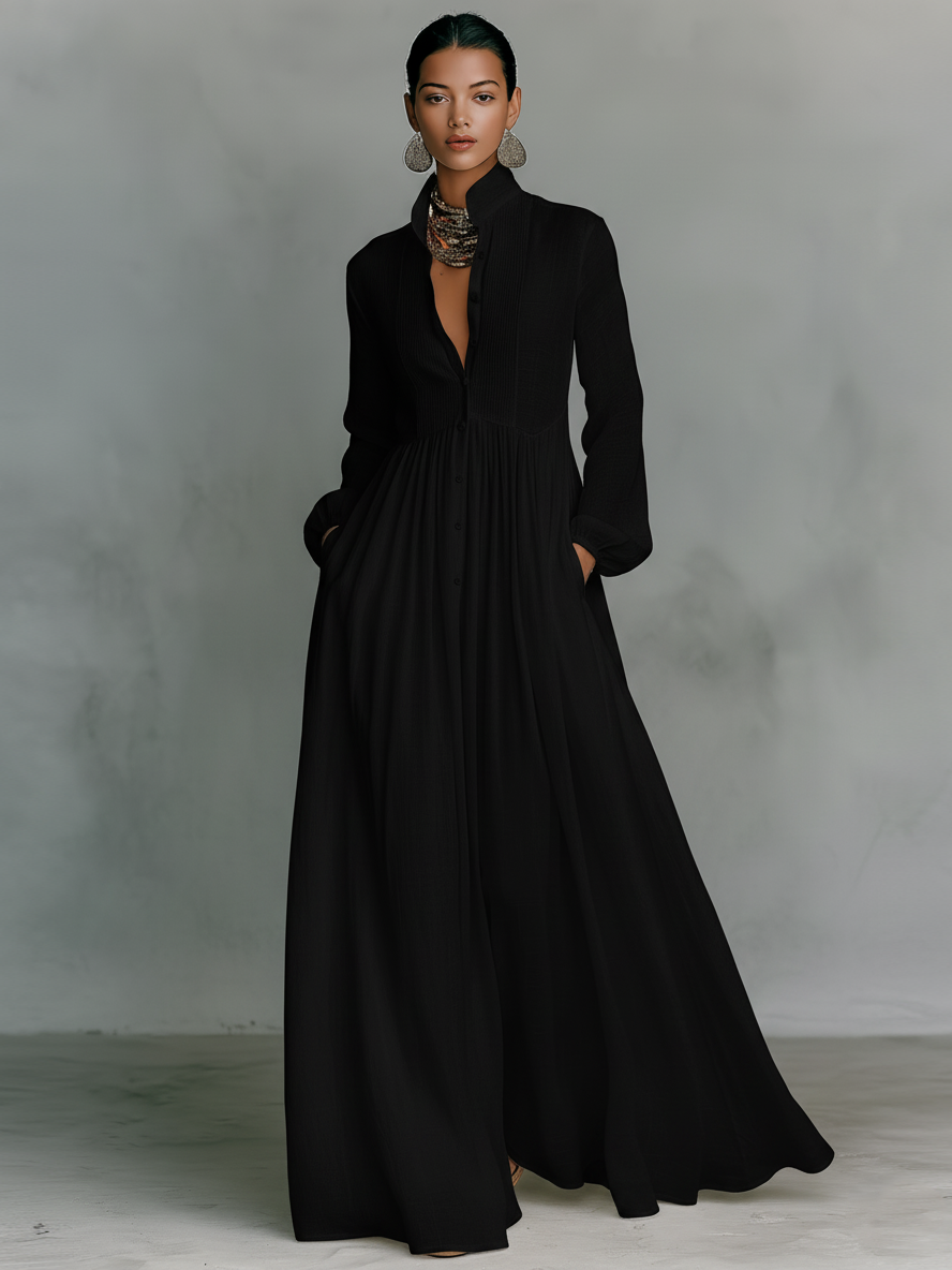 Women's White Maxi Dress | Single-Breasted Stand Collar Long Sleeve Patchwork Casual Dress