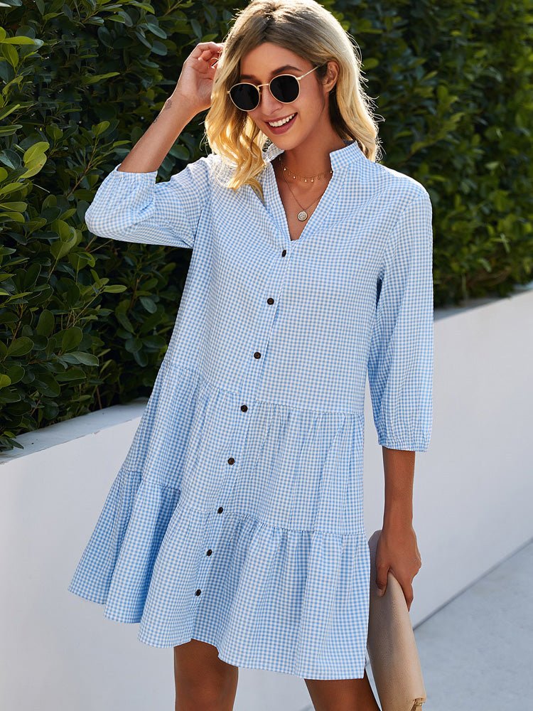 Women's Gingham Check Button-Down Collared 3/4 Sleeve Ruffle Hem Mini Dress