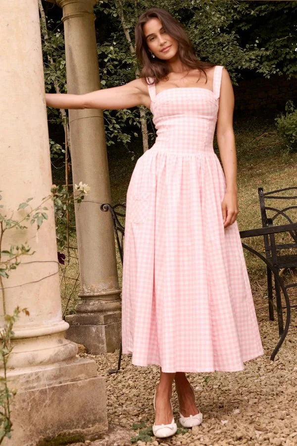 Women's Gingham Sweetheart Neck Smocked Bodice Flared Midi Dress with Pockets