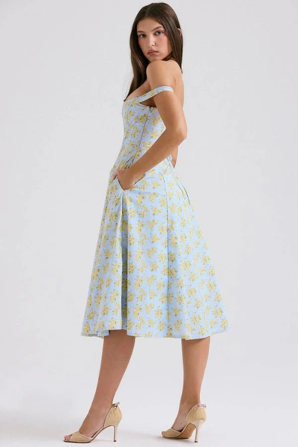 Women's Off Shoulder Sweetheart A-Line Midi Dress with Slit Wedding Guest