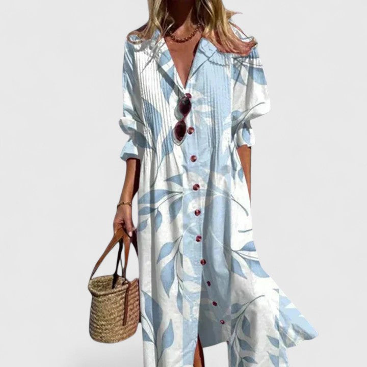 Women's White Floral Print Button-Down Midi Dress with Long Sleeves