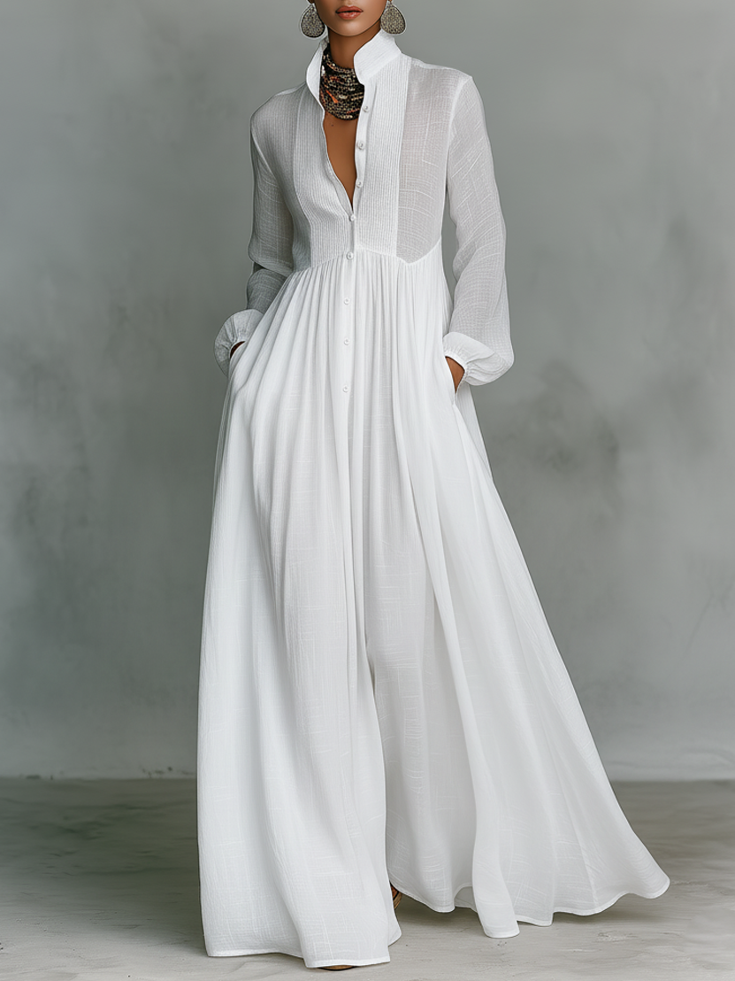 Women's White Maxi Dress | Single-Breasted Stand Collar Long Sleeve Patchwork Casual Dress