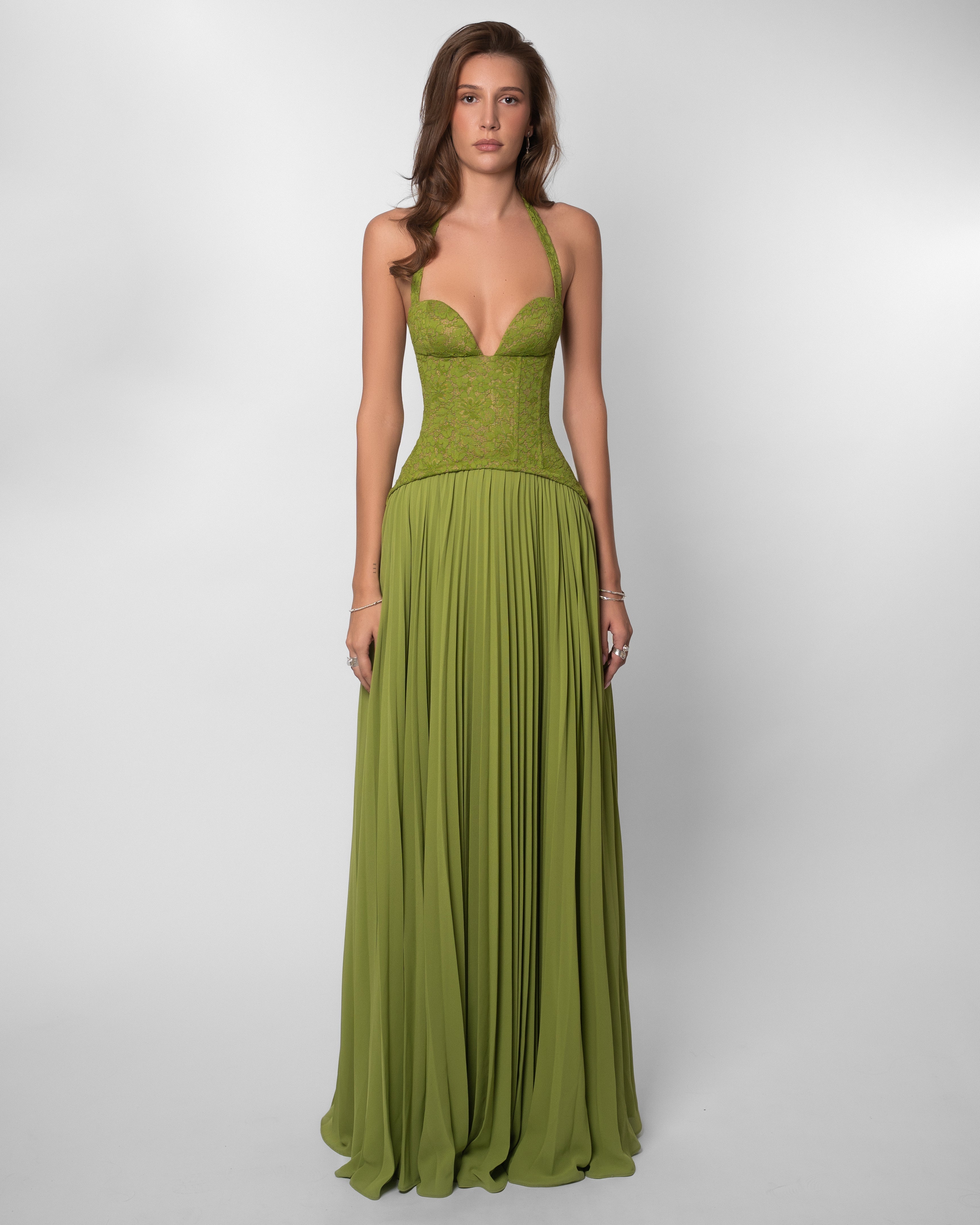 Women's Green Deep V-Neck Spaghetti Strap Ruched Bodice Flowy Maxi Evening Dress Wedding Guest