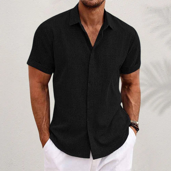 mens short sleeve linen button-up shirt | lightweight summer top - lifestyle view
