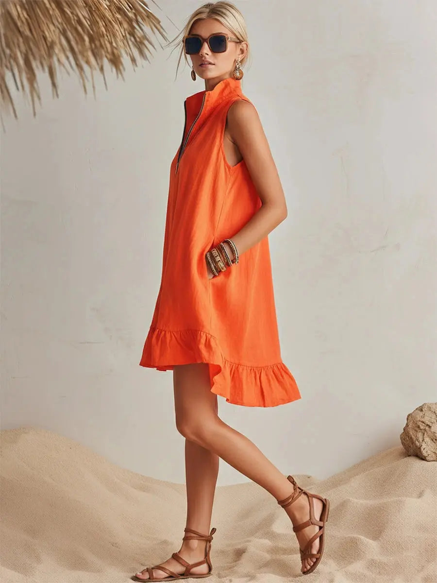 Women's Orange Cotton Mini Dress with Pockets | Stand Collar Half-Zip