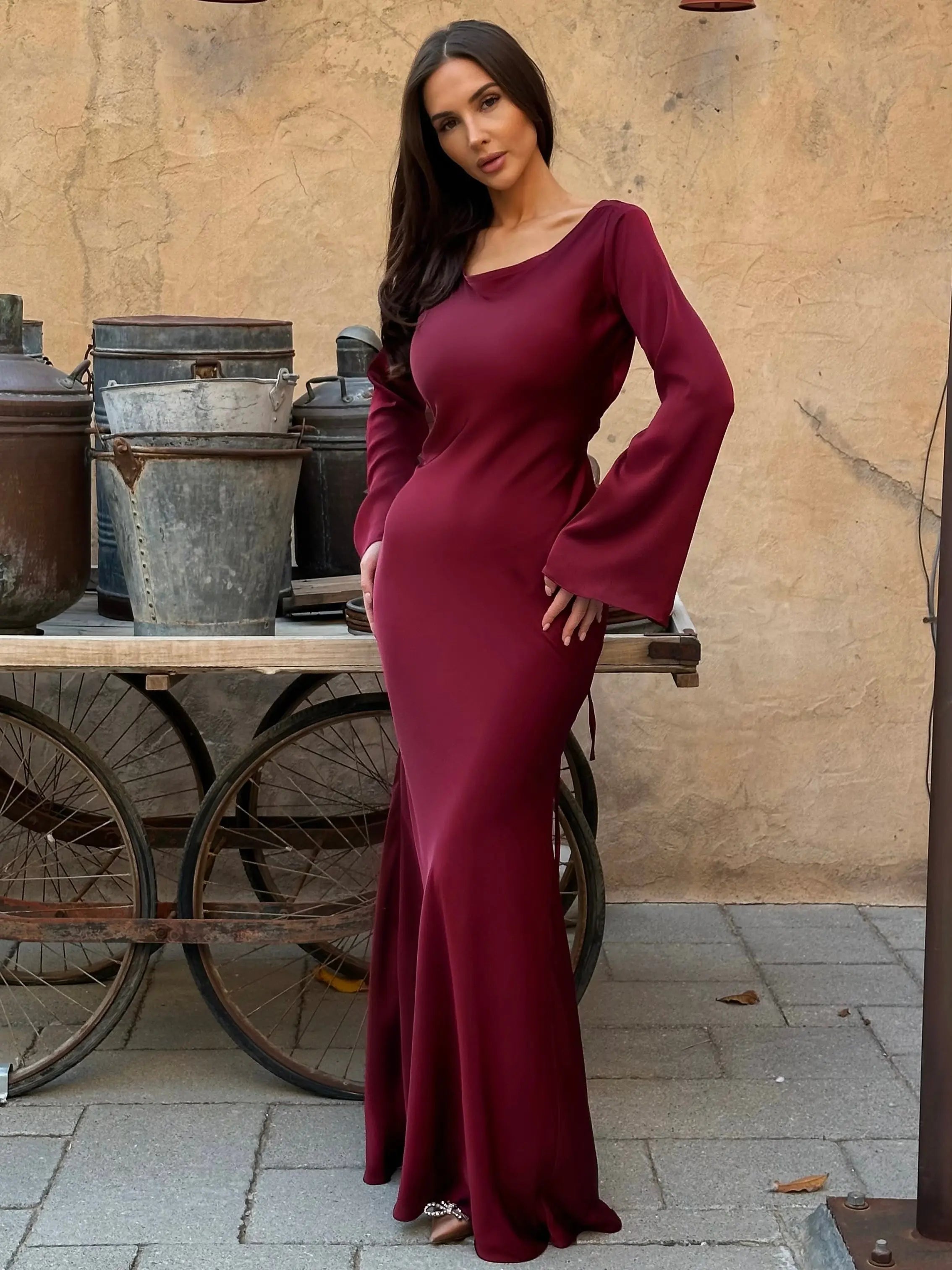 Women's Ivory Long Sleeve Maxi Dress | Casual Elegant Floor Length Everyday Dress