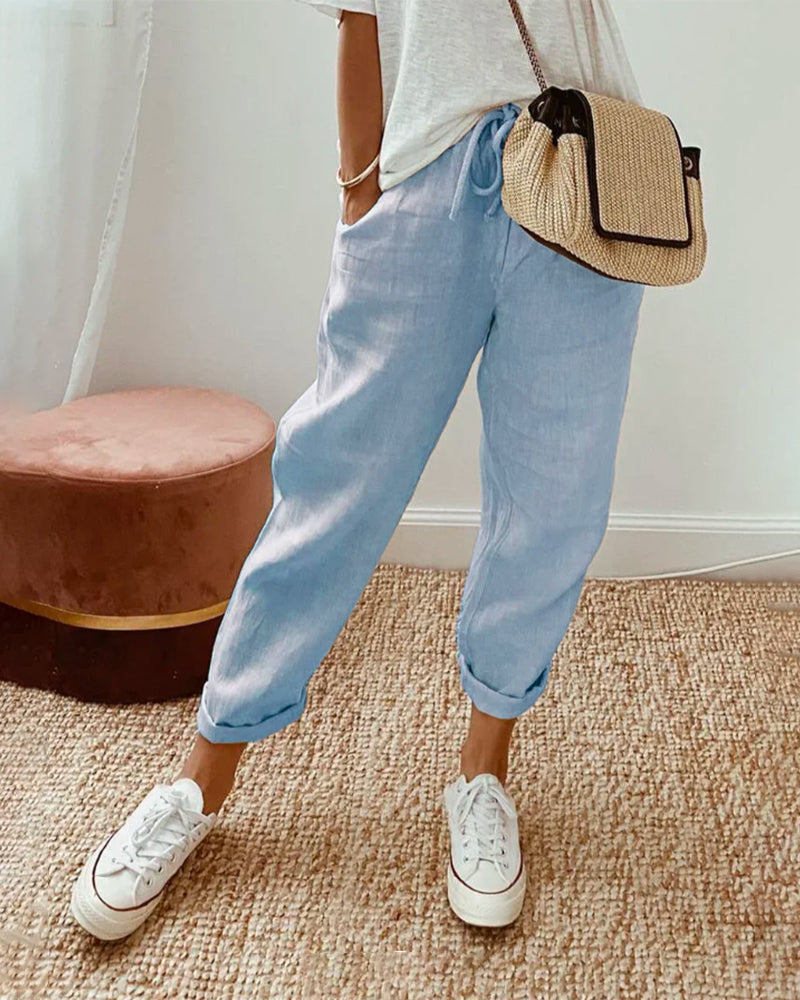womens casual elastic waistband trousers | comfortable everyday pants - back view
