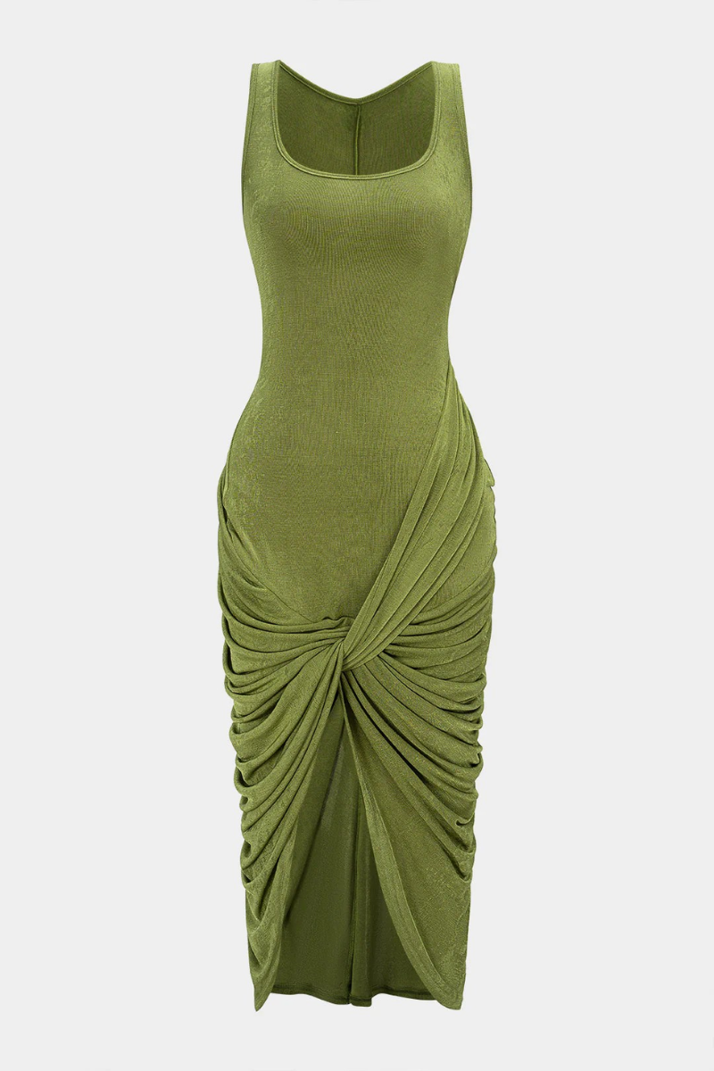 Women's olive ruched twist midi dress - detail view