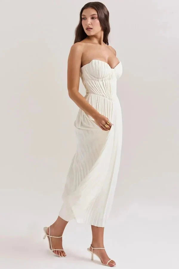 Women's Strapless Sweetheart Neck Pleated Midi Dress Wedding Bridal