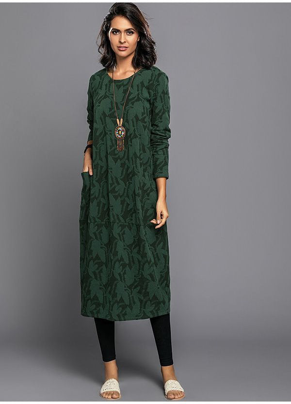 Women's Green Long Sleeve Midi Dress with Pockets | Casual Everyday Dress