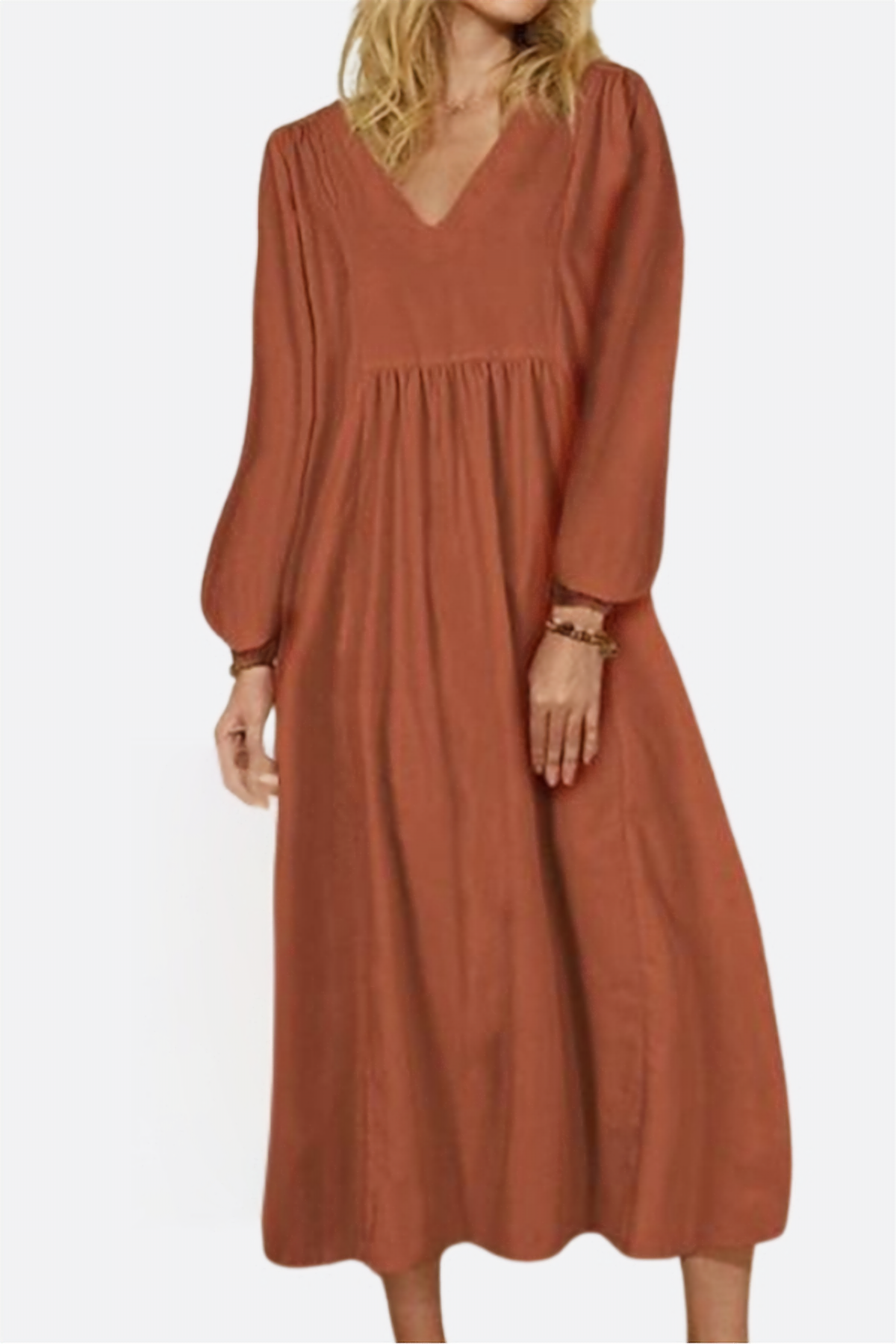 Women's V-Neck Smocked Waist Midi Dress | Balloon Sleeve Occasion
