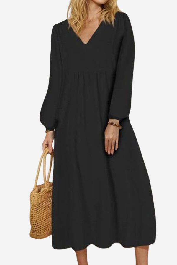 Women's V-Neck Smocked Waist Midi Dress | Balloon Sleeve Occasion