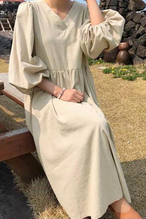 Women's V-Neck Smocked Waist Midi Dress | Balloon Sleeve Occasion