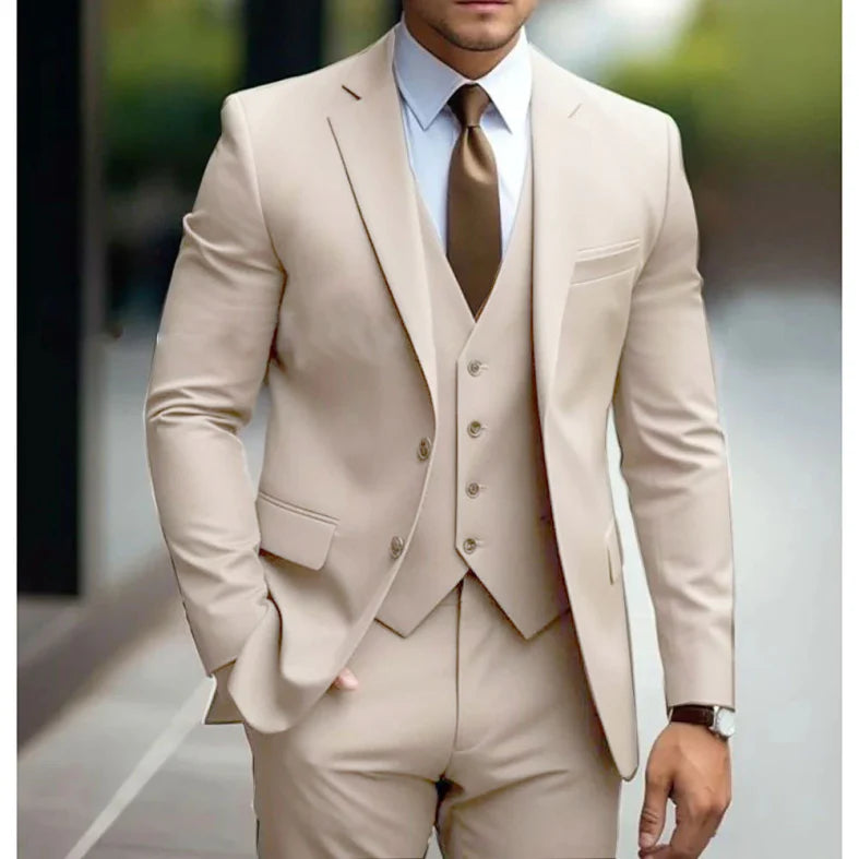 Men's three-piece slim fit suit worn