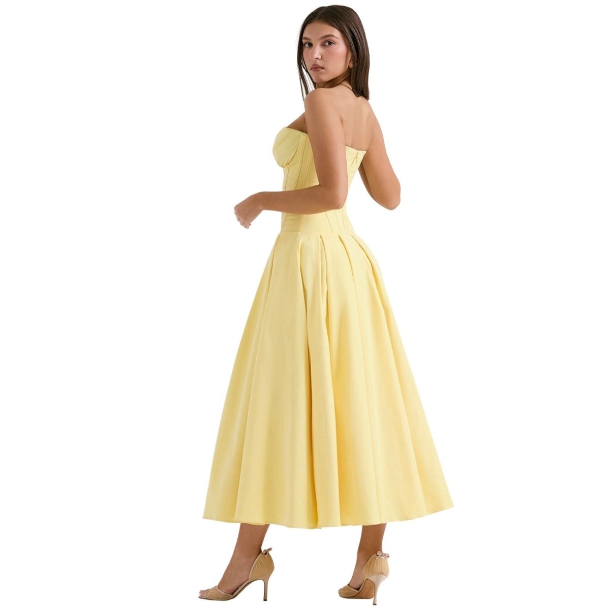 Women's Deep V-Neck Corset Bodice Full A-Line Midi Dress Cocktail Party Formal