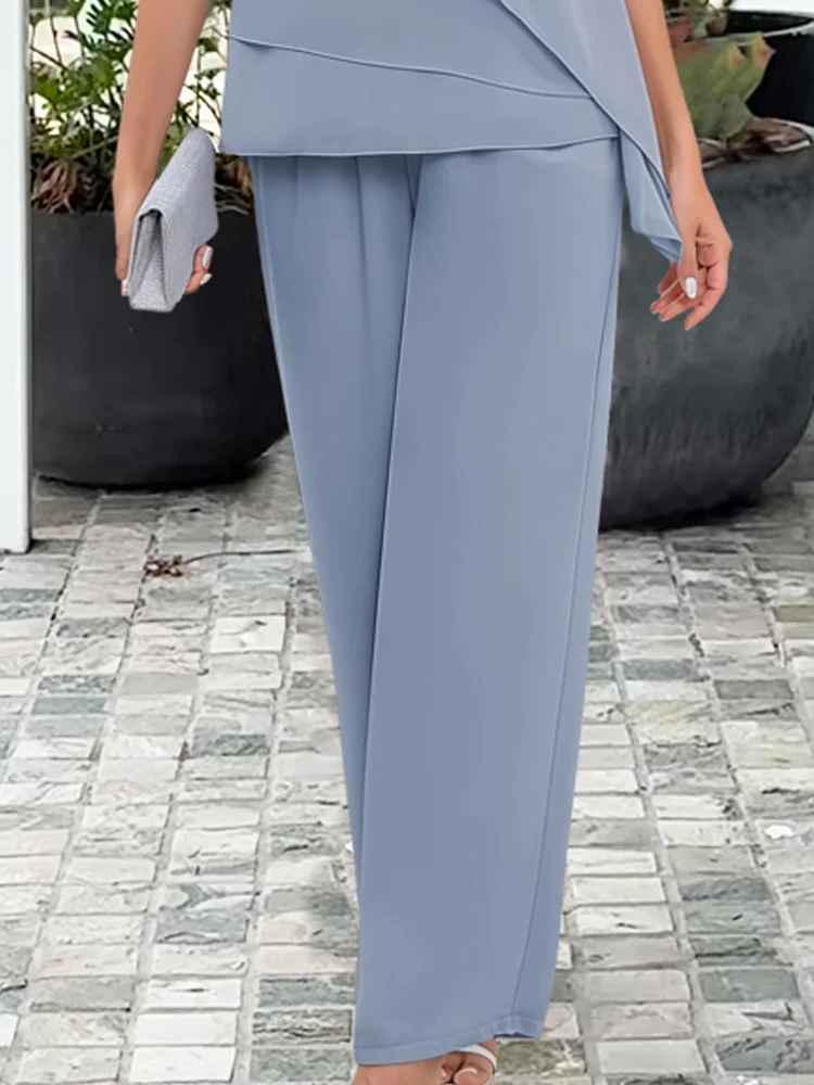 Women's Scoop Neck Short Sleeve Layered Chiffon Top and Wide Leg Pants Two-Piece Set Mother of the Bride