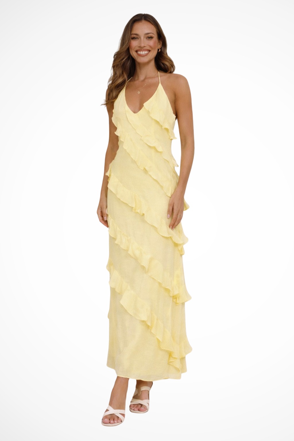Women's Spaghetti Strap V-Neck Tiered Ruffle Open Back Maxi Dress Summer Boho