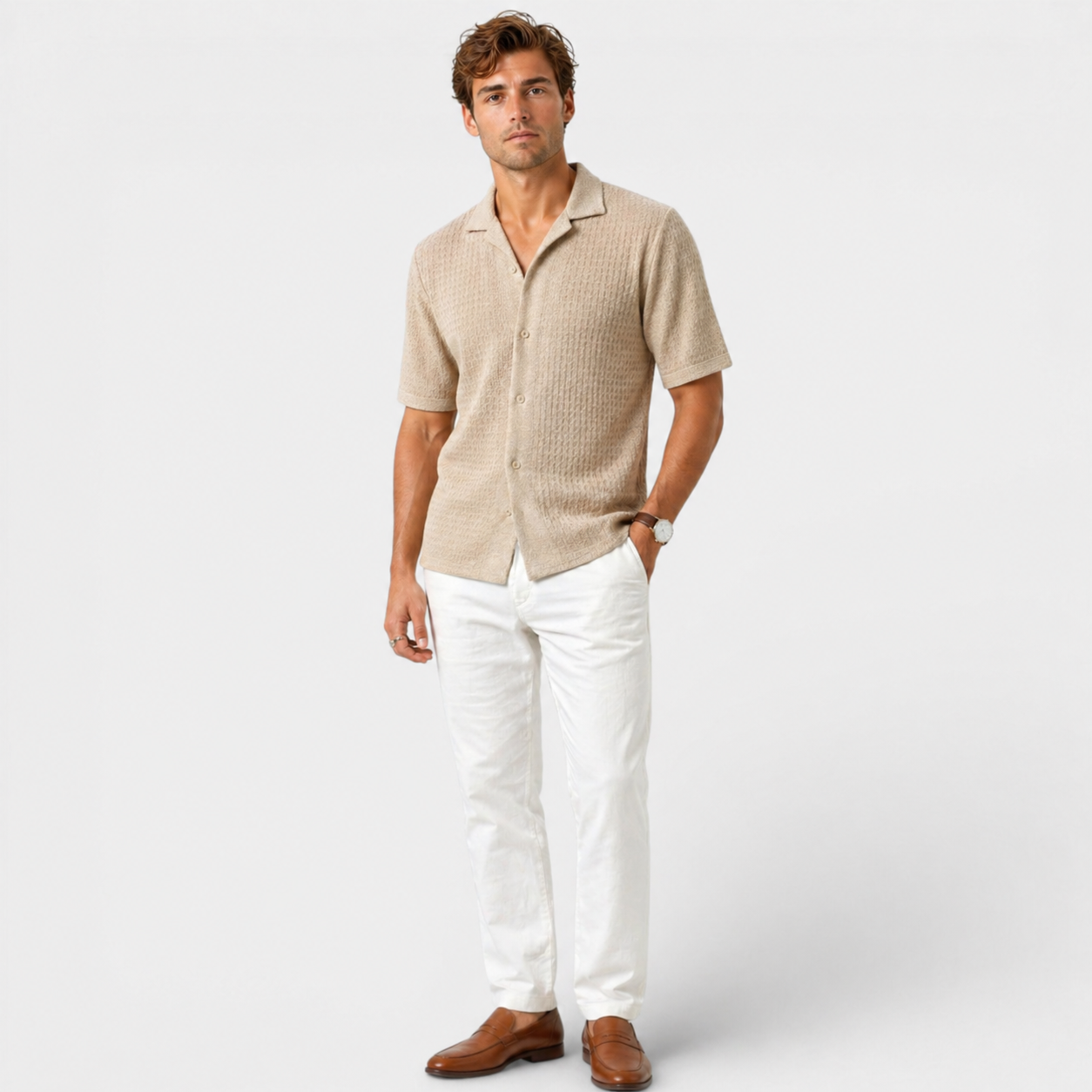 mens smart casual linen shirt | breathable summer button-up - detail view