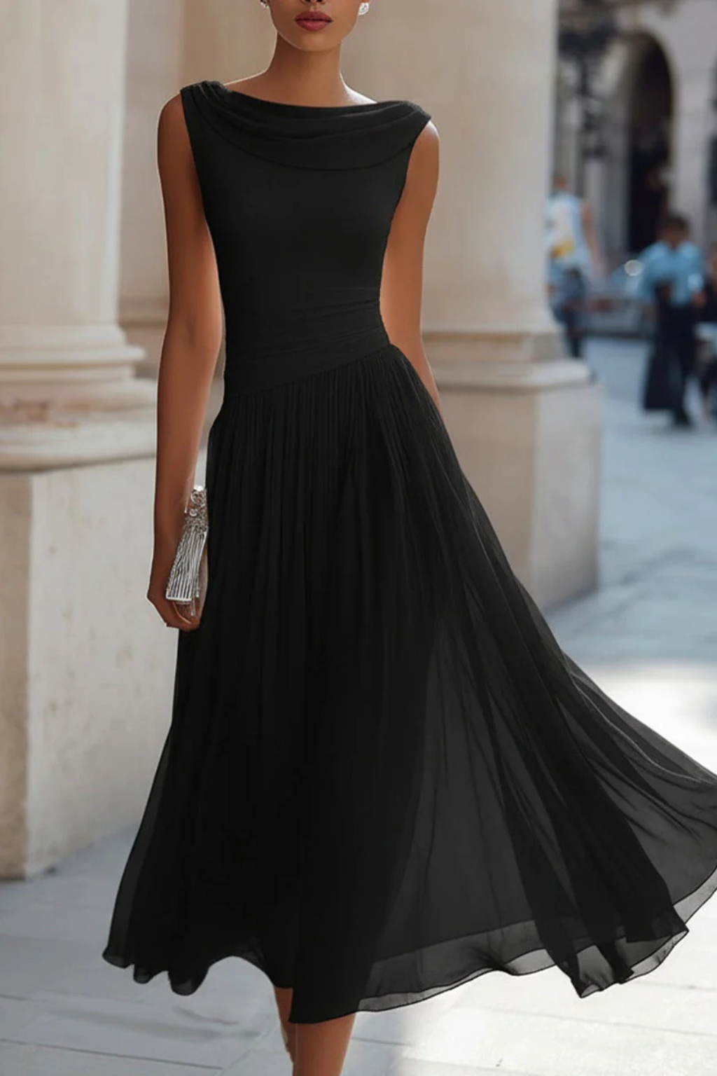 Women's Sleeveless Boat Neck Open Back Pleated Flowy Midi Dress