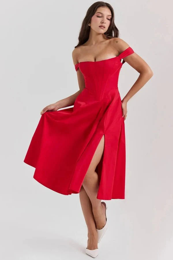 Women's Off Shoulder Sweetheart A-Line Midi Dress with Slit Wedding Guest