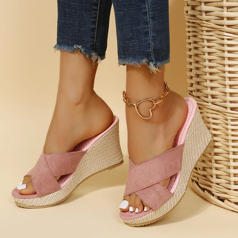 Women's Cross Strap Open Toe Espadrille Wedge Mule Sandals