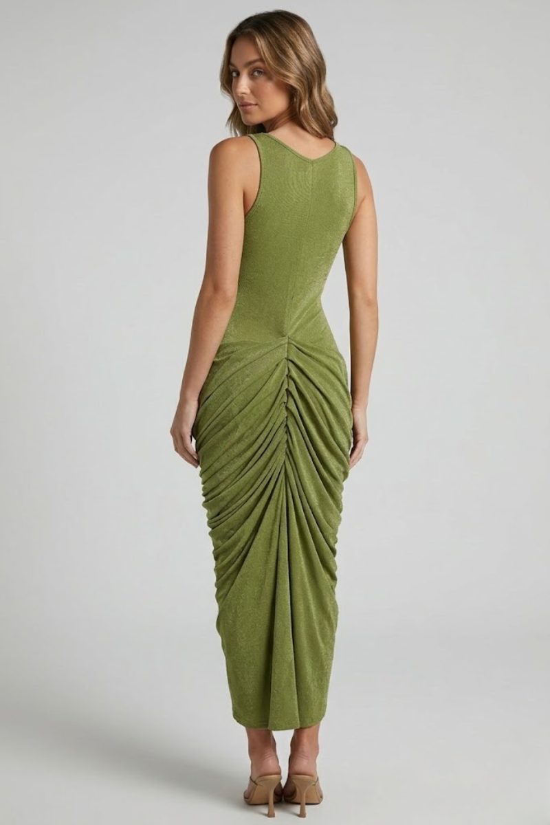 Women's olive ruched twist midi dress - back view