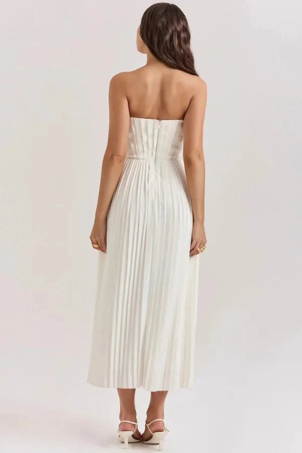 Women's Strapless Sweetheart Neck Pleated Midi Dress Wedding Bridal